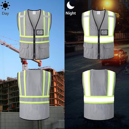 Reflective Safety Vest for Men Women Hi Vis Vest with Pockets High Visibility Vest Mesh Construction Vests Meets ANSI/ISEA Standards (Grey-33, Large) - color: Grey-33, size: Large