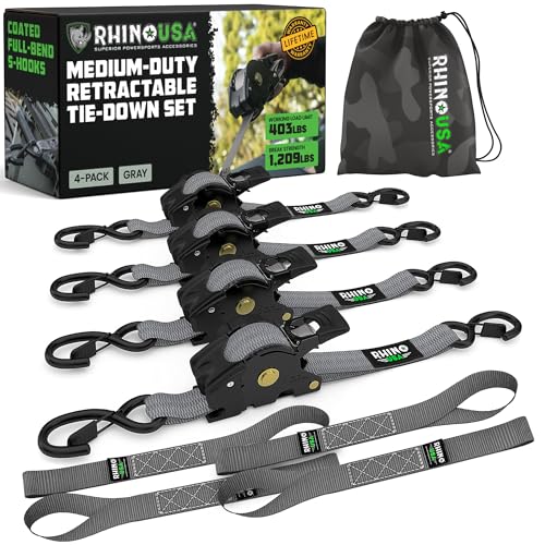 Rhino USA Retractable Ratchet Straps (4-Pack) - 1 Inch x 10 Feet (1,209lb Break Strength) - Auto Self Retracting Tie Down Straps for Truck, Cargo Trailer, Motorcycle, ATV, UTV - Gray - color: Gray, size: 4 Pack