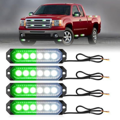 HLauto 406T Emergency Strobe Grille Lights: 4Pcs 6 LED Sync Feature Safety Warning Flashing Light, 12V-24V Ultra Slim Surface Mount Hazard Caution Light for Truck, Vehicle, Car, ATV, UTV (Green White) - color: Green/White