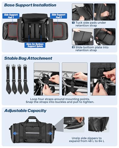 Marscamd Waterproof Motorcycle Tail Luggage Bag, 48L-64L Expandable, a Rain Cover Included, Bag with 4 Rack Mount Straps and Multiple Pockets - Black