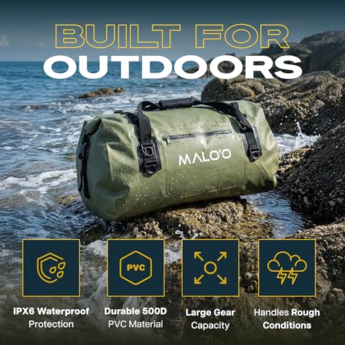 Malo’o Waterproof Dry Duffel, Heavy-Duty Roll Top Waterproof Gear Bag with Shoulder Strap & Molle Loops, Marine Duffel for Kayaking, Boating, Camping, Beach & Travel, Dark Green, 40L - color: Dark Green, size: 40L