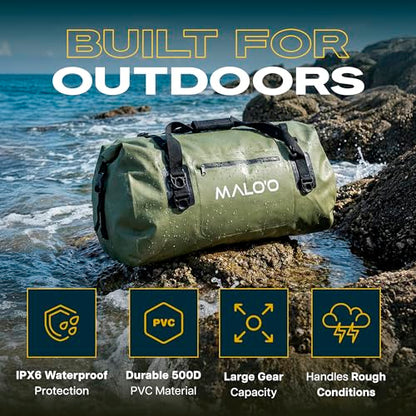 Malo’o Waterproof Dry Duffel, Heavy-Duty Roll Top Waterproof Gear Bag with Shoulder Strap & Molle Loops, Marine Duffel for Kayaking, Boating, Camping, Beach & Travel, Dark Green, 40L - color: Dark Green, size: 40L