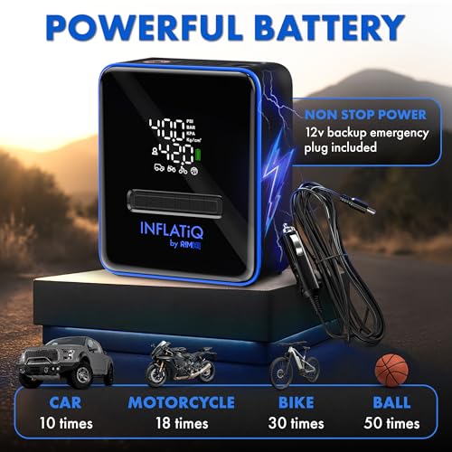 INFLATiQ by RIMiQ Tire Inflator Blue - Powerful, Award-Winning QWIKFLOW Technology with 2 Portable Power Options Included - Strong Vehicle Air Pump for Trucks, Cars, Motorcycles, Bicycles, Balls