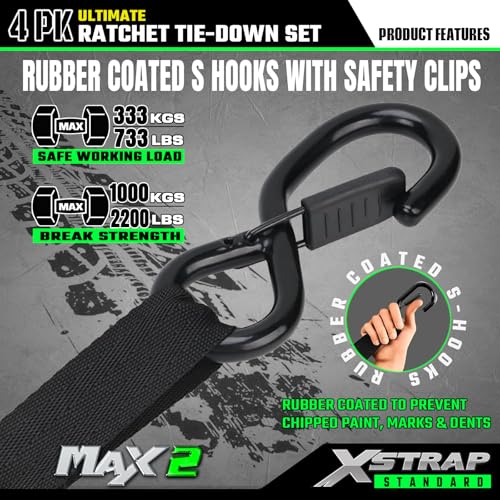 XSTRAP STANDARD 4PK Motorcycle Ratchet Straps, 1" x 15ft, 2,200 lbs Break Strength Tie Down Straps with Safety Lock S-Hooks, Soft Loop Straps and Stickers for Trucks, Cargo, Moving (Black) - size: Black-2200 lbs-4Loops