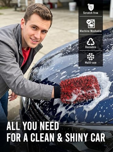TAKAVU Car Wash Mitt Scratch Free, 2 Pack Microfiber Wash Mitts for Auto Detailing, Soft Lint Free Cleaning Gloves, Holds Sudsy Water, Machine Washable (Red & Black) - color: Red