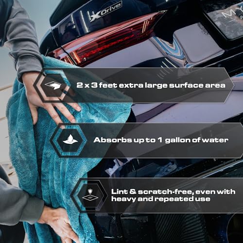 Blackline Car Drying Towel - 2ftx3ft XL-Popular Pick Among Detailing Pros -Aqua 1300 GSM Microfiber Accessory - Absorbs Over 8lbs of Water - Leaves No Streaks, Spots or Scratches - Dries an Entire Car - color: Aqua
