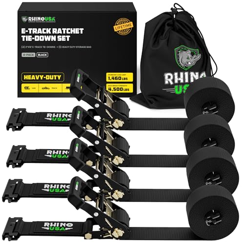 Rhino USA E Track Ratchet Tie Down Straps (4,500lb Break Strength) - Includes (4) Premium 2" x 16' eTrack Tie Downs - Ultimate Heavy Duty eTrack Cargo Strap System for Trailer, Truck, Motorcycle - color: Black, size: 4PK