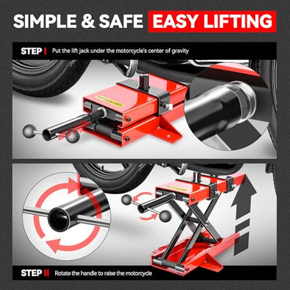 Auto Dynasty Motorcycle Lift Jack, 1100LBS Capacity 2-in-1 Steel ATV Scissor Lift Jack Stand Hoist with Saddle and Rubber Pad for Motorcycles, Bicycles, ATVs, UTVs, Dirt Bikes - size: 1100 LBS (2-in-1 with Rubber Pad)
