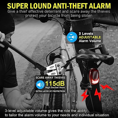 PADONOW Alarm Bike Tail Light: Wireless Remote Bicycle Rear Light USB-C Rechargeable Smart Motion Anti Theft Taillight with Loud Horn Red Led Flashing Lights Waterproof High Lumen Cycling Back Light