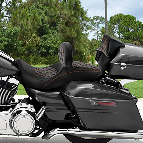C.C. RIDER Classic Seat Backrest Pad - Driver Seat Rider Sissy Bar Passenger Backrest Pad Kit fit for Harley Davidson Touring Road King Street Glide Electra Glide Road Glide 2014-2023 - color: Seat + Driver + Passenger Sissy Bar Black Orange