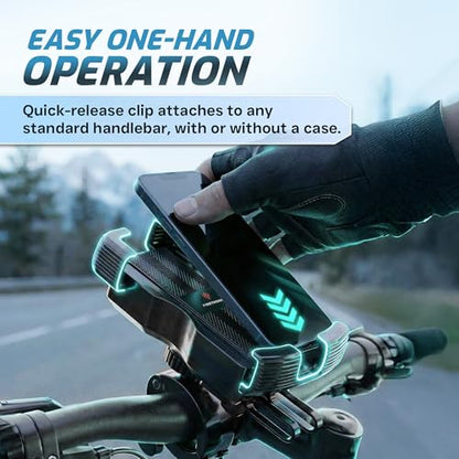 FIRETHORN Bike Phone Holder with Built in Rechargable Battery 5000 mAh - Motorcycle Mount, Handlebar Cell Phone Clamp, Scooter Clip, 4.7 to 6.8" Phone Types - iPhone 17, 16, 15 Plus, S20, Smartphones
