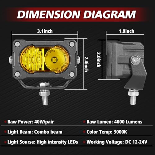 3 Inch LED Pod Lights Yellow 2PCS Off Road Driving Fog Light Pods Spot Flood Combo LED Cube Work Light Backup Bumper Light Bar for Truck Pickup UTV ATV SUV Boat 4x4 - color: Yellow Combo