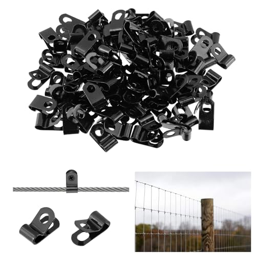 Antrader Fence Wire Clamps, 100Pcs R-Type Agricultural Fencing Mounting Clips, 5mm/0.2" Cable Management Cord Organizer with Screws to Vinyl, Wood or Metal Fence - color: Black, size: 0.2 Inch
