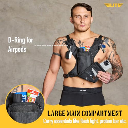 Elite Sports Running Vest w/Phone Holder for Men/Women, Reflective Lightweight Chest Pack w/Touch Friendly Phone Sleeve, Camera Pocket - Chest Rig for Hiking, Trail, Marathon, Camping - size: Small