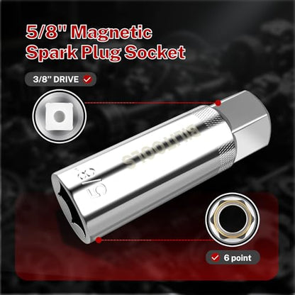 BILITOOLS 5/8'' Magnetic Spark Plug Socket 3/8-inch Drive Powerful Retains Thin Wall Spark Plug Socket 6-Point, CR-V - size: 5/8" Magnetic