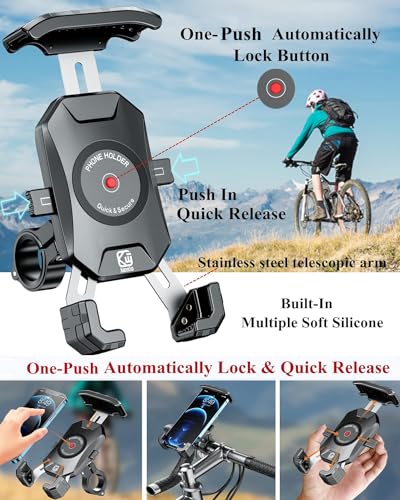 BRCOVAN Bike Motorcycle Phone Mount Holder, 1s Locking | with Solid Aluminum Alloy Mounting Base, Handlebar Cell phone Clip for Bicycle ATV Scooter, Fit 4-7'' Smartphone