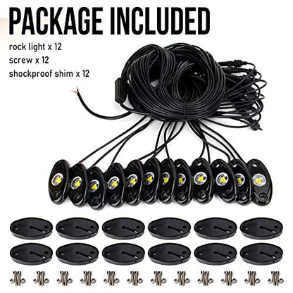 OPP ULITE White LED Rock Lights Kit, 12 Pods Underglow for Jeep Offroad Truck Car ATV SUV Boat Motorcycle Vehicle Under Body Glow Lamp Trail Fender Lighting (12pods Rock W)