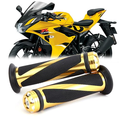 Pair of 7/8" 22mm Motorcycle CNC Aluminum Rubber Gel Hand Grips Handlebar for Sports Bike Chopper Cruiser Bike - color: Gold with Bar End