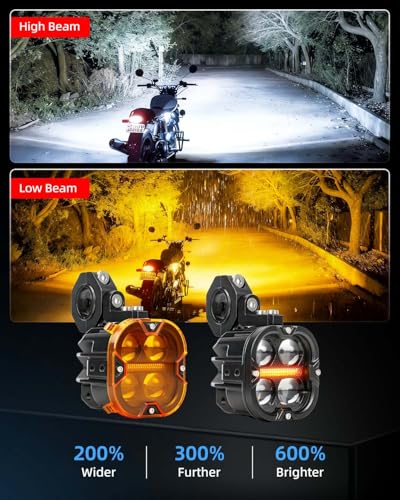 BraveWAY 3 Inch Motorcycle Driving Lights 120W LED Fog Lights with DRL 4 Strobe Modes Amber & White Beams LED Auxiliary Spotlights with Mount Brackets Wire Harness for Motorcycle ATV Night Riding UTV - size: 3INCH-4-H