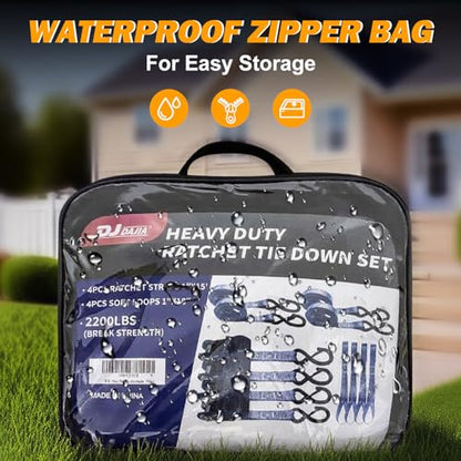 Motorcycle Tie Down Straps 1" x15' (4-Pack), Waterproof Carry Bag 2200lb Break Strength with Soft Loops & Coated S-Hooks for Truck, Trailer, ATV, UTV, Boat (Black) - color: Black