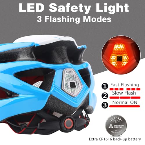 Bike Helmet Men Women, Shinmax Bicycle Helmet with Rear Light and Detachable Visor - color: Blue/White, size: Medium (54-58 cm)