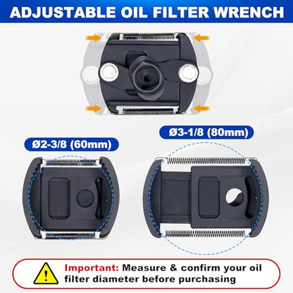 Spurtar Adjustable Oil Filter Wrench 2-3/8 to 3-1/8 inch 60-80mm Universal Oil Filter Removal Tool 1/2'' Drive Cap Style Oil Filter Tool Fits Small Medium-sized Spin-on Oil Filters UTV JetSkis