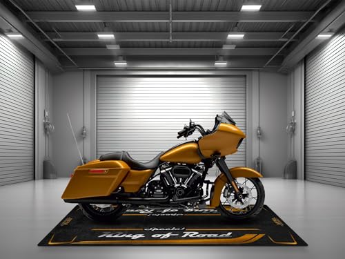 Garage Mat with Special King of Road for Cruiser and Custom Motorcycle, Motorcycle Mat, Washable Non-Slip Showroom Floor Carpet(Prospect Gold, Size 2: 102 x 47/260 x 120 cm)