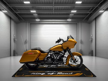 Garage Mat with Special King of Road for Cruiser and Custom Motorcycle, Motorcycle Mat, Washable Non-Slip Showroom Floor Carpet(Prospect Gold, Size 2: 102 x 47/260 x 120 cm)