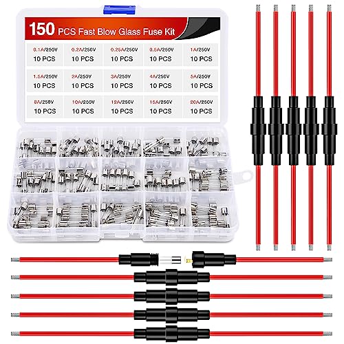 Nilight 150PCS Fast Blow Glass Fuses with 10PCS 5x20mm Inline Holder Screw Type16AWG 250V 0.1A 0.2A 0.25A 0.5A 1A 1.5A 2A 3A 4A 5A 8A 10A 12A 15A 20A Tube Fuse Assortment - color: 150Pcs Glass Fuses + 16AWG Holder 10