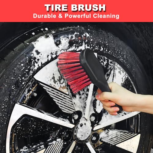 12Pcs Wheel Brush Kit for Cleaning Wheel and Tire, Wheel and Rim Brush, Car Detailing Brushes, Tire Brush, Bendable & Durable Car Wheel Rim Cleaner Brush Set,Car Detailing Cleaning Brush Supplies Kit - color: Red