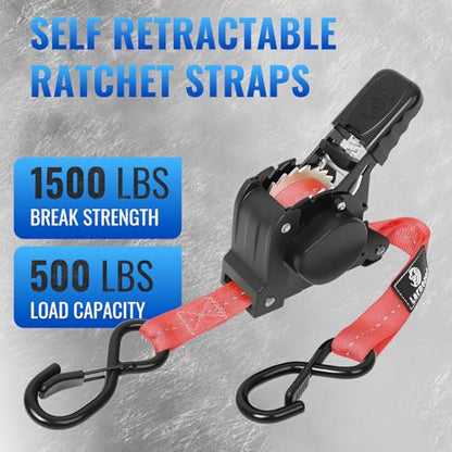 Retractable Ratchet Straps 4 Pack - 1,500 Lbs Break Strength 1 in x 10 Ft Heavy Duty Retractable Ratchet Tie Down Straps with S Hooks Set for Truck, Cargo Van, Trailer, Motorcycle (Red) - color: Red