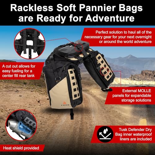 TUSK Highland X2 Rackless Luggage System w/Small Dry Duffel/Large Bottle Holders Compatible with KTM/Husky 690-701 Heat Shield Black/Tan - color: Black/Tan, size: Small Dry Duffel/Large Bottle Holders, style: Ktm/Husky 690-701 Heat Shield