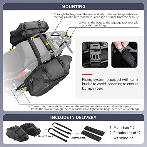 Rhinowalk Motorcycle Saddlebags 48L(24L*2) Waterproof Motorbike Side Bags, Travel Luggage Panniers with Shoulder Strap for Adventure & Sport Motorcycle Racks, 1 Pair - size: 48L