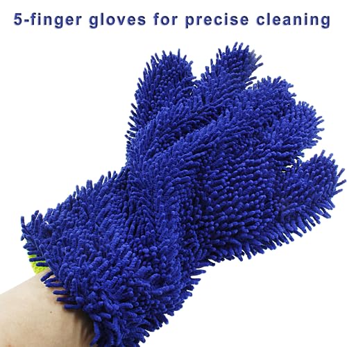 BokWin 2-Pack Car Wash Mitt Scratch Free, 5-Finger Microfiber Wash Mitts, Car Interior Exterior Cleaning Gloves, Auto Chenille Washing Sponge Kits for Cleaning Wheel Tight Spot(Blue) - color: Blue