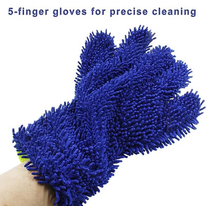 BokWin 2-Pack Car Wash Mitt Scratch Free, 5-Finger Microfiber Wash Mitts, Car Interior Exterior Cleaning Gloves, Auto Chenille Washing Sponge Kits for Cleaning Wheel Tight Spot(Blue) - color: Blue