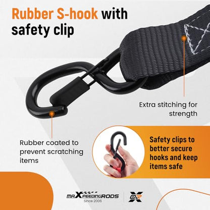 maXpeedingrods Heavy Duty Ratchet Straps 1.6” by 8’ 5208 lb Tie Down Straps with S Hooks & Soft Loops for Towing Motorcycles ATVs UTVs Jet Skis Golf Carts 4 Pack - color: black