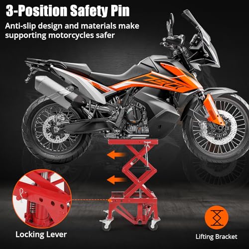 350 Lbs Heavy Duty Hydraulic Motorcycle Lift Table, Foot Operated Scissor Jack with 4 Wheels for ATV Dirt Bike UTV, Motorcycle Jack Stand for Garage Shop Maintenance & Repair