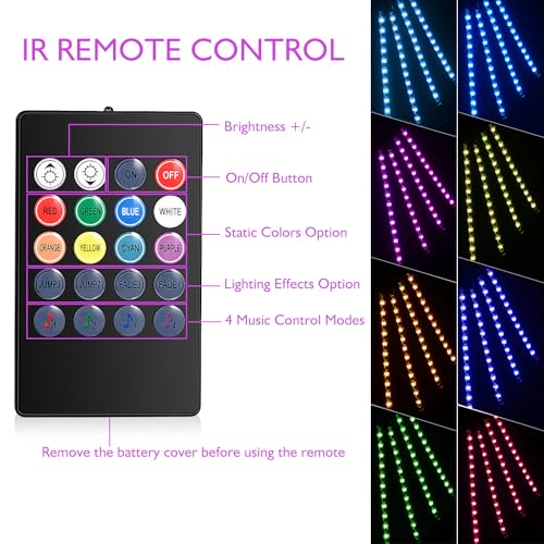 Car LED Strip Lights Christmas, 4Pcs 48 LED Interior Lights, Multicolor Music Car Strip Light Under Dash Lighting Kit with Sound Active Function and Remote Controller, DC 5V