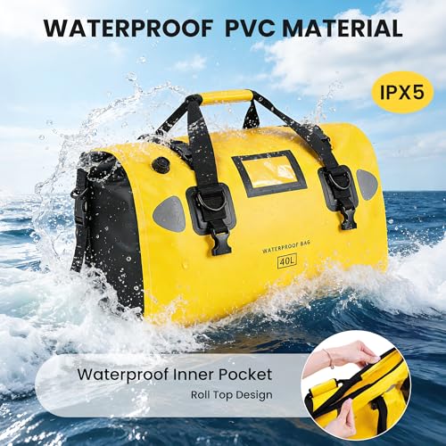 HOMIEE 40L Waterproof Duffel Bag, Waterproof Motorcycle Dry Travel Bag Tail Bag with Roll Top Closure & Shoulder Straps Outer Mesh Zipper Pocket for Camping, Kayaking, Fishing & Traveling - color: Yellow
