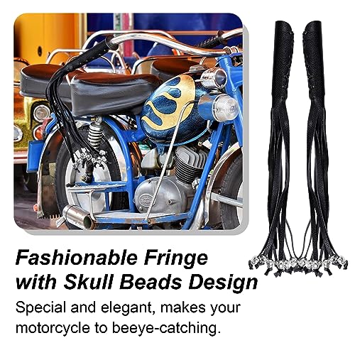 Motorcycle Lever Cover PU Leather Fringed Brake Clutch Covers Universal Grip Tassels Motorcycle Handlebar Covers with Skull Beads - color: Black with Black Strap
