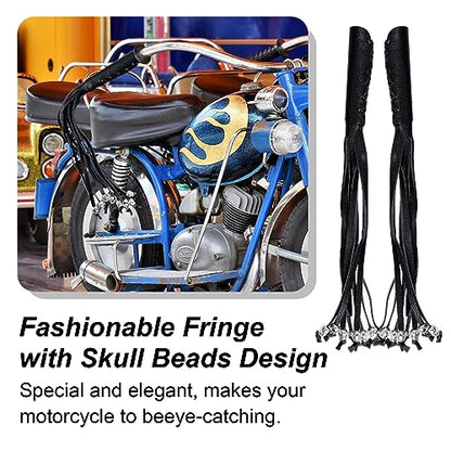 Motorcycle Lever Cover PU Leather Fringed Brake Clutch Covers Universal Grip Tassels Motorcycle Handlebar Covers with Skull Beads - color: Black with Black Strap