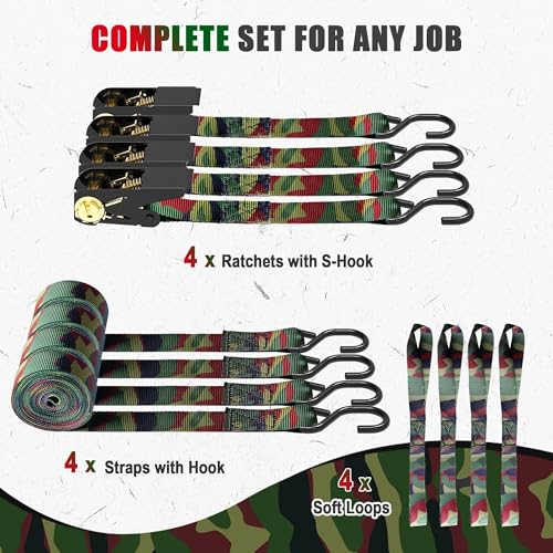 AWELCRAFT Ratchet Straps 4 Pack,1 Inch x 15 Feet Tie Down Ratcheting Strap,1500lb Breaking Strength with S-Hook,4X Soft Loops for Moving Appliances,Lawn Equipment,Truck,Motorcycle(Camouflage) - color: Camouflage