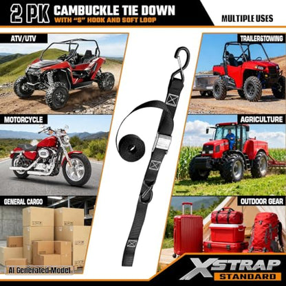 XSTRAP STANDARD Motorcycle Tie Down Straps (2 Pack) 3,000lb Break Strength, 1.5 in X 8FT Heavy-Duty Cambuckle Tie Down Set with S Hook and Soft Loops, Black - color: Black