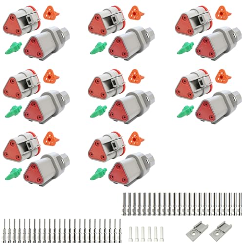 Deutsch DT Grey 3 Pin Connector 8 Sets kit, Waterproof Electrical Wire Connector with Size 16 Stamped Contacts and Seal Plug for Truck, Off-Road Vehicles, Agriculture, Marine, Motorcycle Wiring - size: 3 Pin (8set)