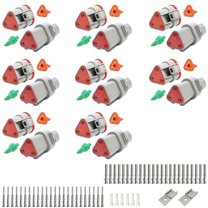 Deutsch DT Grey 3 Pin Connector 8 Sets kit, Waterproof Electrical Wire Connector with Size 16 Stamped Contacts and Seal Plug for Truck, Off-Road Vehicles, Agriculture, Marine, Motorcycle Wiring - size: 3 Pin (8set)