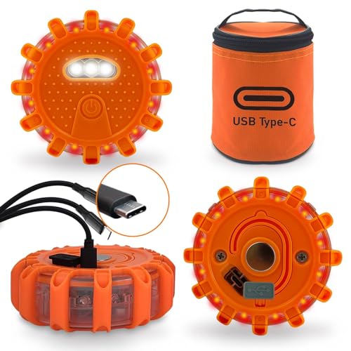 Ecoangel USB-C Rechargeable LED Road Flares Emergency Lights-Large Capacity (Lithium Battery) 3 in 1 Cable Roadside Warning Car Safety Beacon Flashing Disc Flare Kit with Magnetic Base for Vehicles - color: 3 PACK USB C High Power