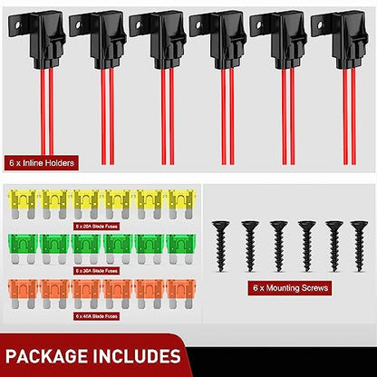 Nilight 6pcs Inline Fuse Holder 12AWG Waterproof ATC/ATO Blade Holder 20A 30A 40A Regular Heavy Duty in Line w/Cover Fits 1A to 30A Fuses for 12V Automotive Vehicles - color: 18Pcs Fuses + 12AWG Holder 6