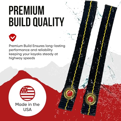 Cajun Tie Downs Hood Loop Anchor Straps — Under Hood Kayak & Canoe Tie-Down, Fits Vehicles Without Tow Hooks, 1" x 8", 2-Pack, Made in USA, Black/Yellow - color: Black/Yellow