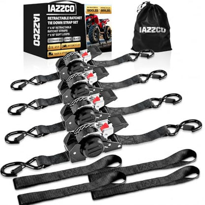Retractable Ratchet Straps (4-Pack) - 1 Inch x 10 Ft (1800 LB Break Strength) Heavy Duty Polyester with Soft Loops & Storage Bag for Household, Motorcycle, Truck, ATV (Black) - style: Black-4 Pack