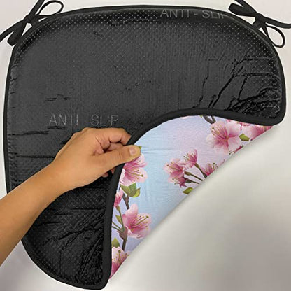 Lunarable Japanese Chair Cushion Pad, Fresh Sakura Petals on a Vivid Sunny Weather Day with Pink Blossoms Spring Theme, Seat Padding for Kitchen & Patio with Anti-Slip Backing, 16"x16", Pink Blue - color: Pink Blue, size: Pack of 1